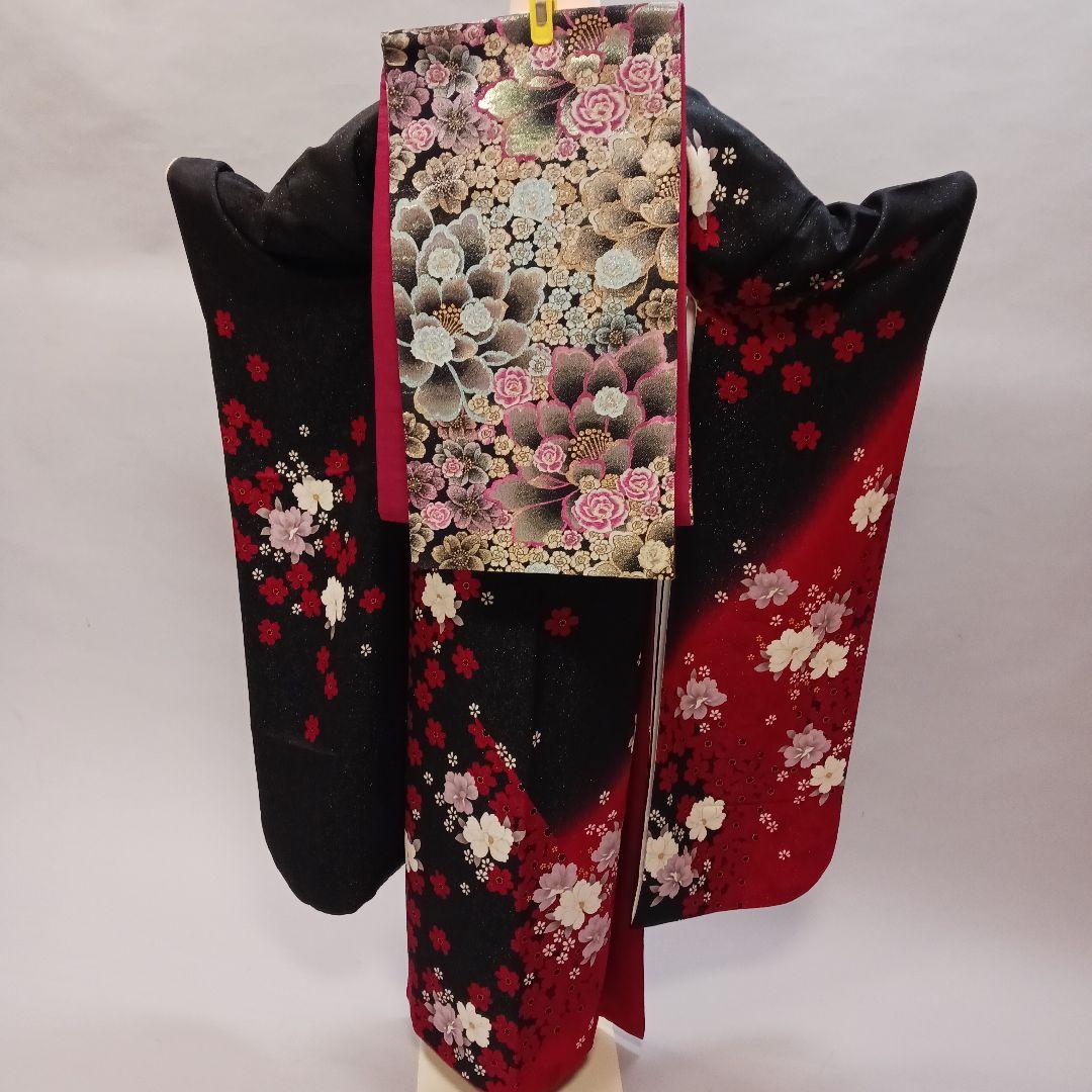 赤黒グラデーション　ラメ振袖フルセット