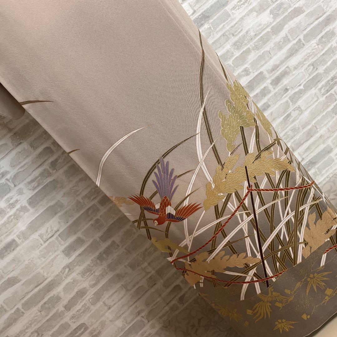 色留袖　フルセット　稲穂　鳥　丸に三つ柏　金駒　金彩　五つ紋　比翼仕立て　L3