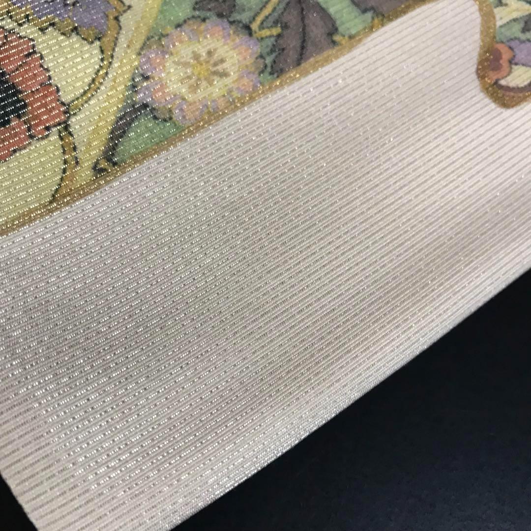 FF-192 袋帯 銀通し 正絹 太鼓柄 オリエンタル ボタニカル 美品