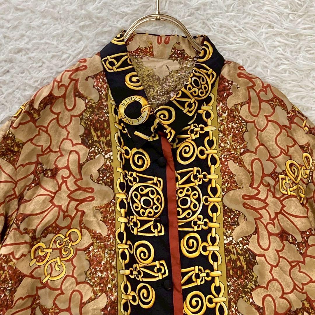 ［良品］CELINE 総柄ブラウス シルク マルチカラー ヴィンテージ