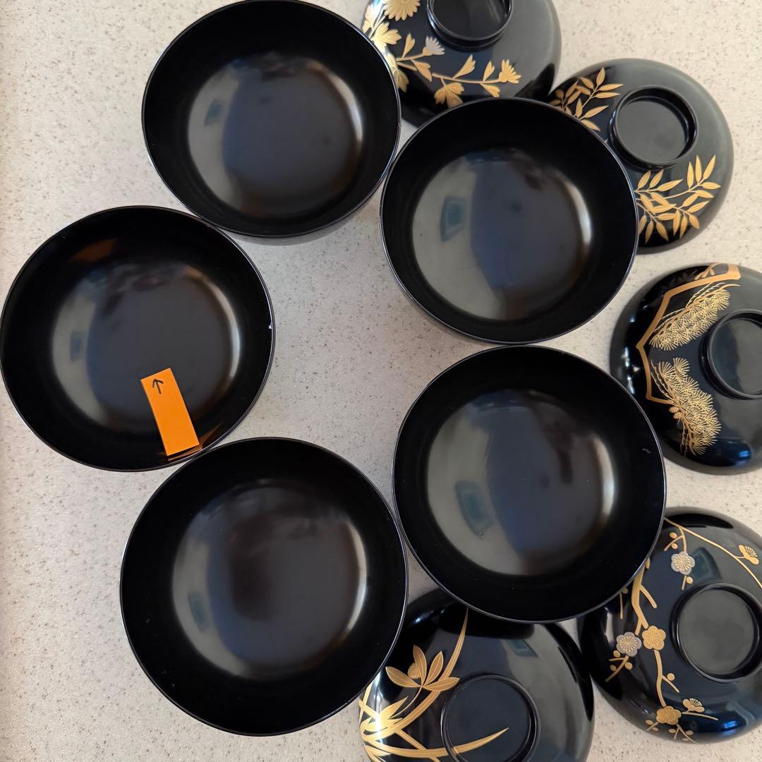象彦 漆器 吸物椀 5客セット 黒塗 金蒔絵 昭和レトロ 五柄揃い ※1客訳あり