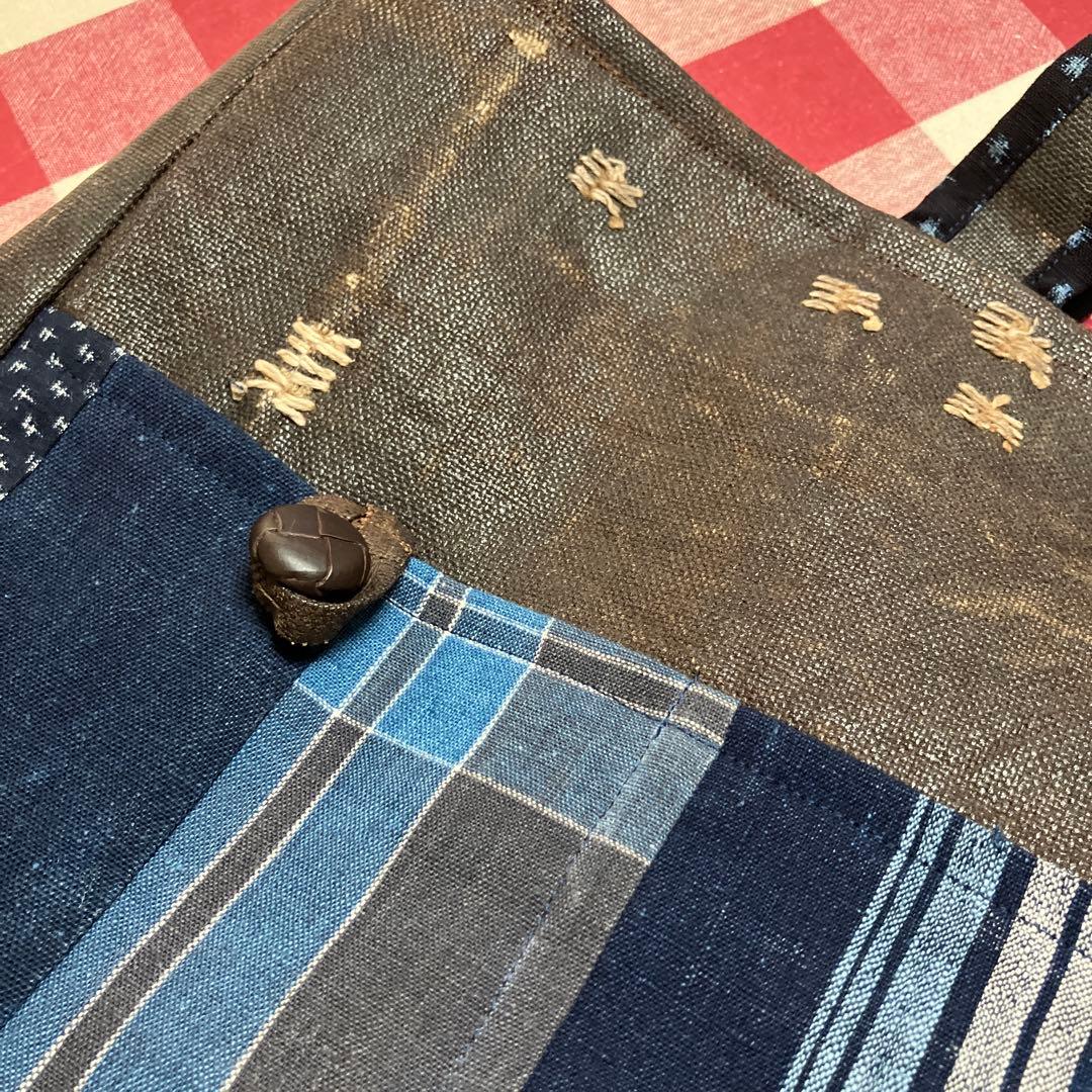 酒袋柿渋染め古布藍染め雪ん子絣格子木綿パッチワークトートバッグ 刺し子男女兼用