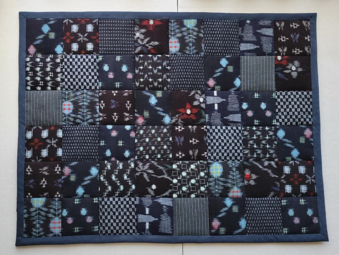 卵かけごはん 四角つなぎのパッチワークマット もめん古布 2点