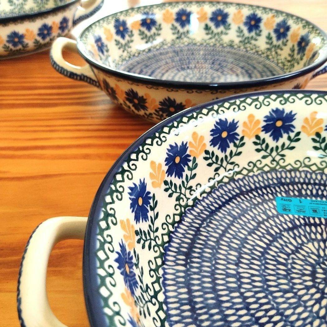 取っ手付きボウル　368　青と黄のお花模様　ツェラミカ　ポーリッシュポタリー