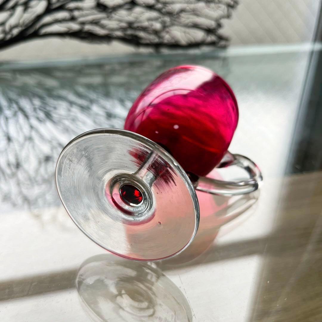 骨董　時代ガラス　希少　金赤ガラス　取手付き　アイスクリームコップ　ウラン