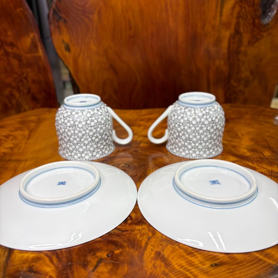 伊万里焼 畑萬陶苑 極細梅詰 コーヒーカップ&ソーサー　ペア　内絵　染付山水