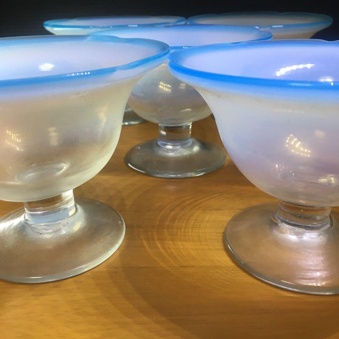 氷コップ③ 乳白色 薄水色縁 5個セット 大正ガラス