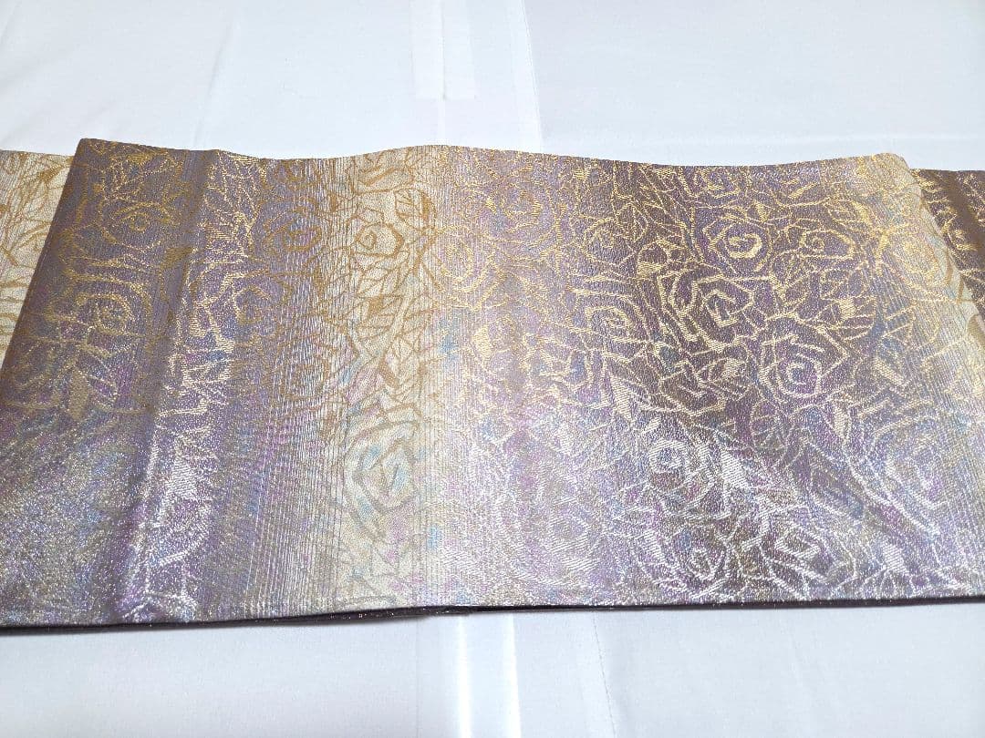 H◆着物くつろぎ 泥染 薔薇の花模様 金通し 全通 正絹 フォーマルな袋帯