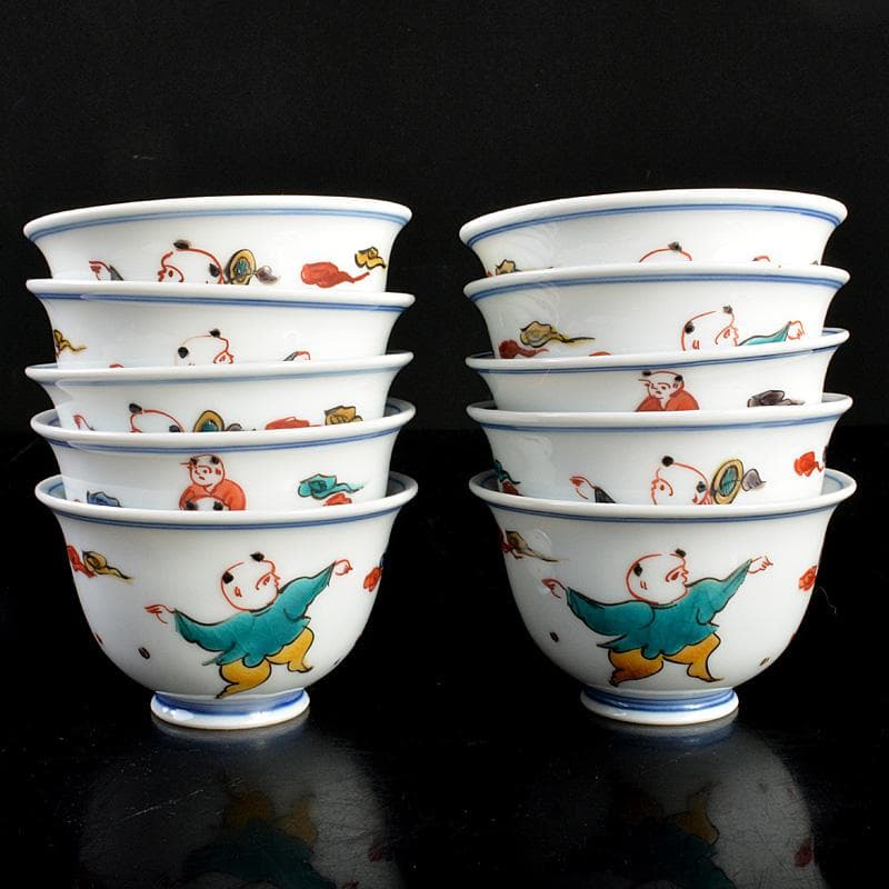 九谷焼　堀江青光造　色絵唐子文　波出茶碗　数茶碗　10客　共箱　V　6207C