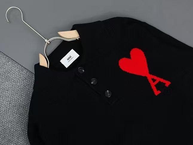 ♡AMI PARIS♡ ブラック ニットポロシャツ ハート刺繍 男女兼用