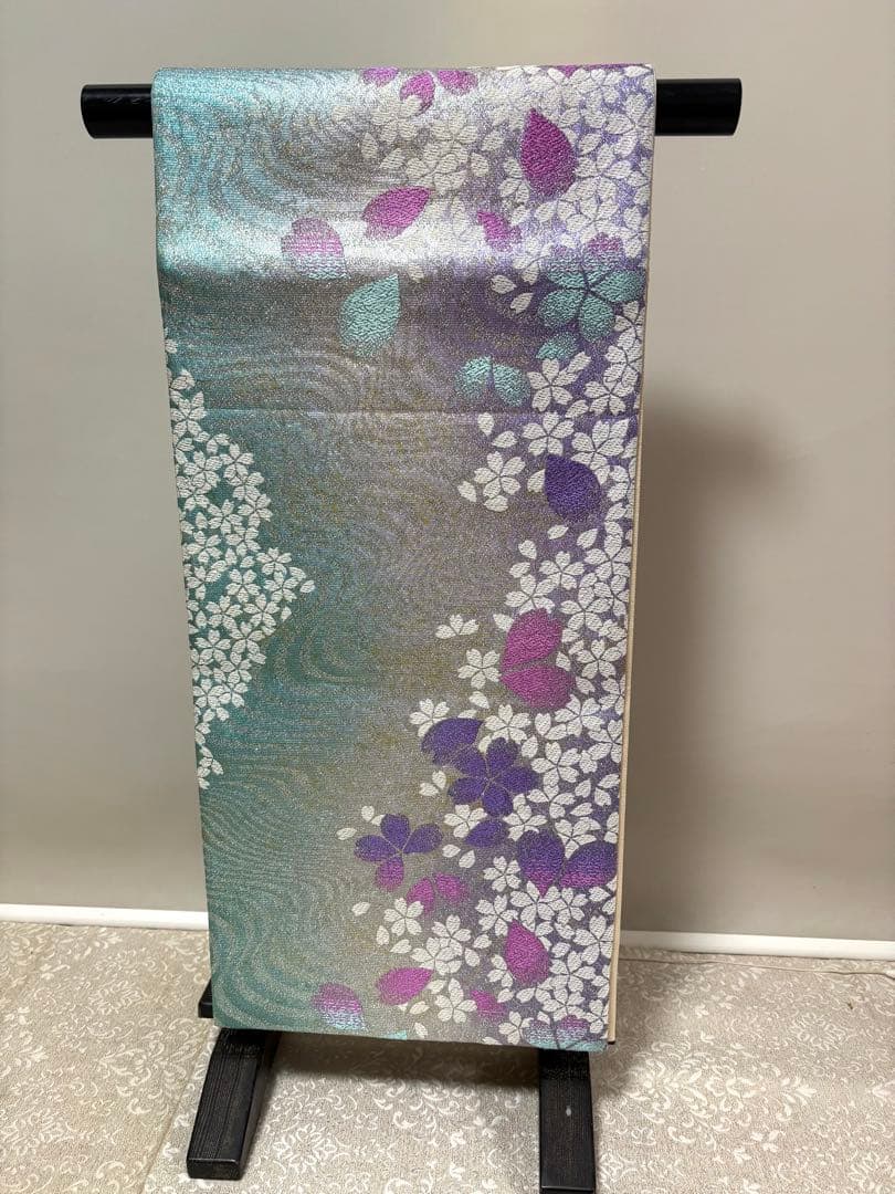煌めき感　ラメ　華やか　パステルカラー　袋帯　振袖に　441㎝　桜花図　美品