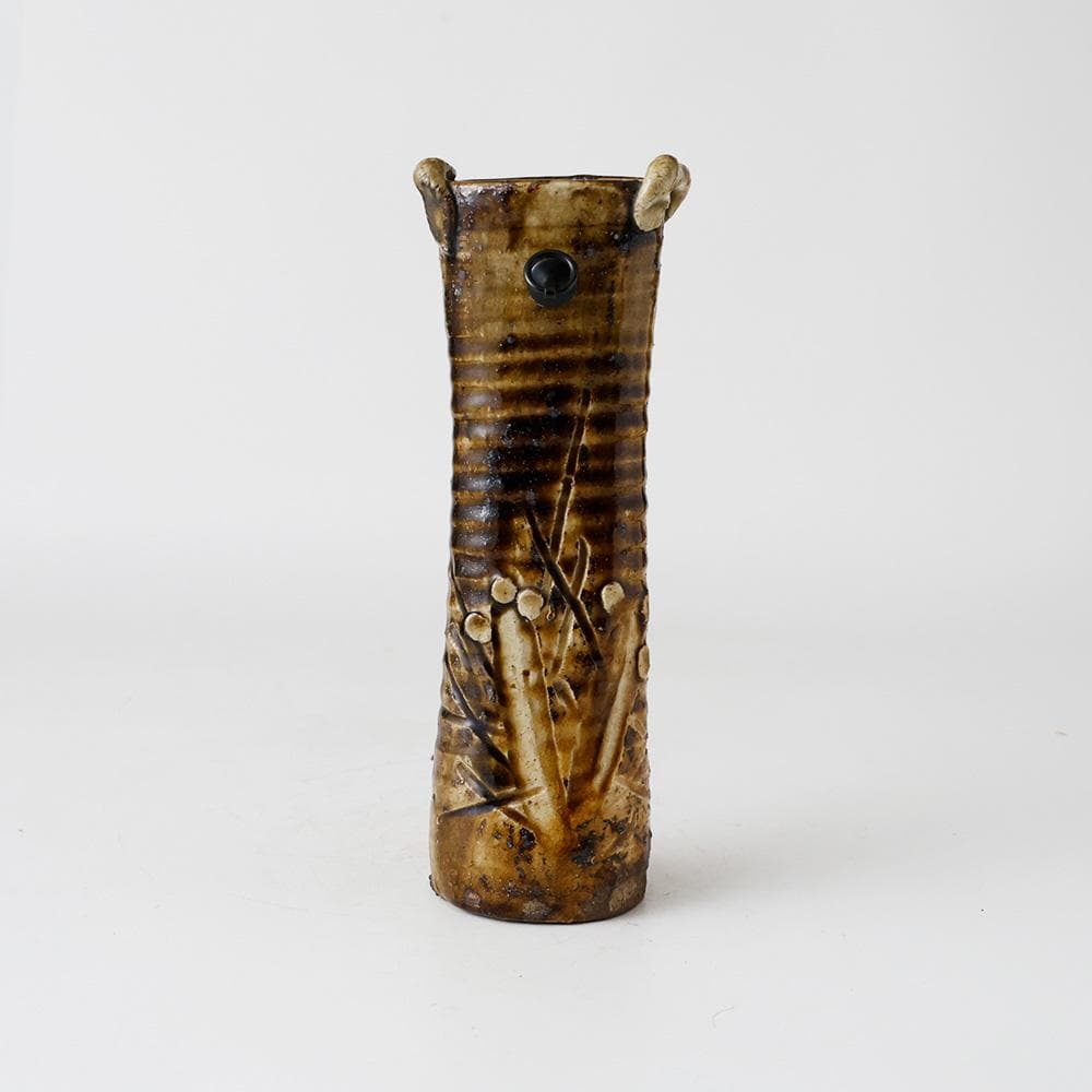 美濃伊賀 飴釉 掛花入 元屋敷窯 伊賀写し 旅枕 花器 美濃焼 筒花瓶 茶道具