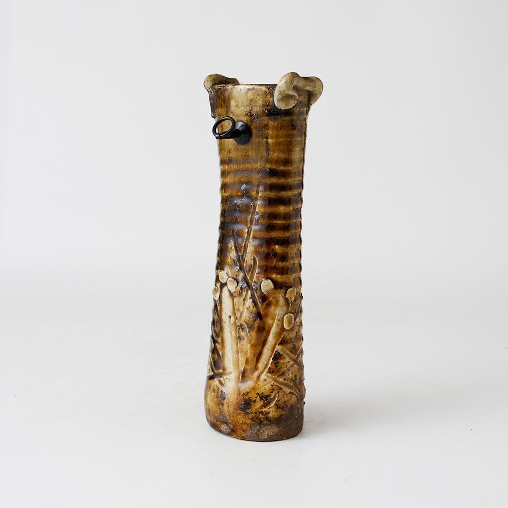 美濃伊賀 飴釉 掛花入 元屋敷窯 伊賀写し 旅枕 花器 美濃焼 筒花瓶 茶道具