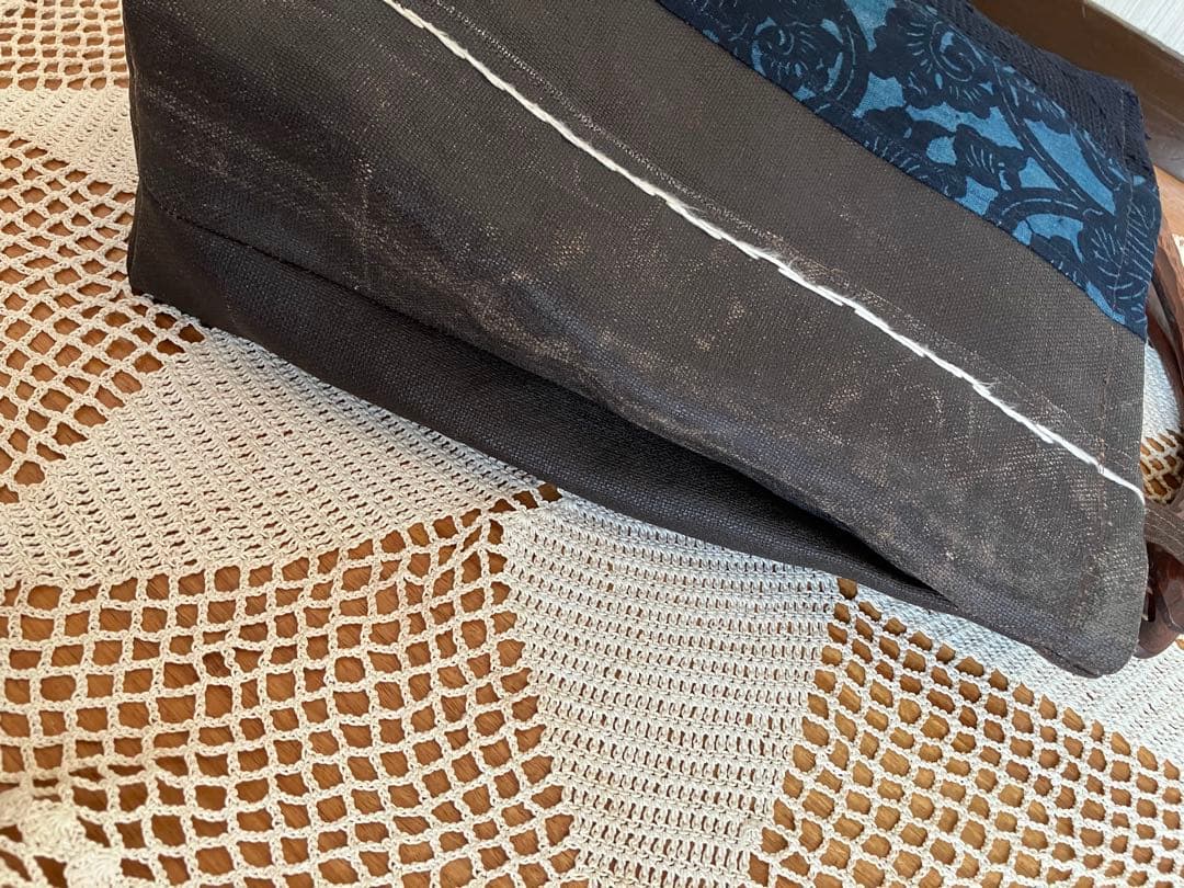 柿渋染め酒袋庄内刺し子型染め古布手彫り木製持ち手トートバッグ手作りリメイク