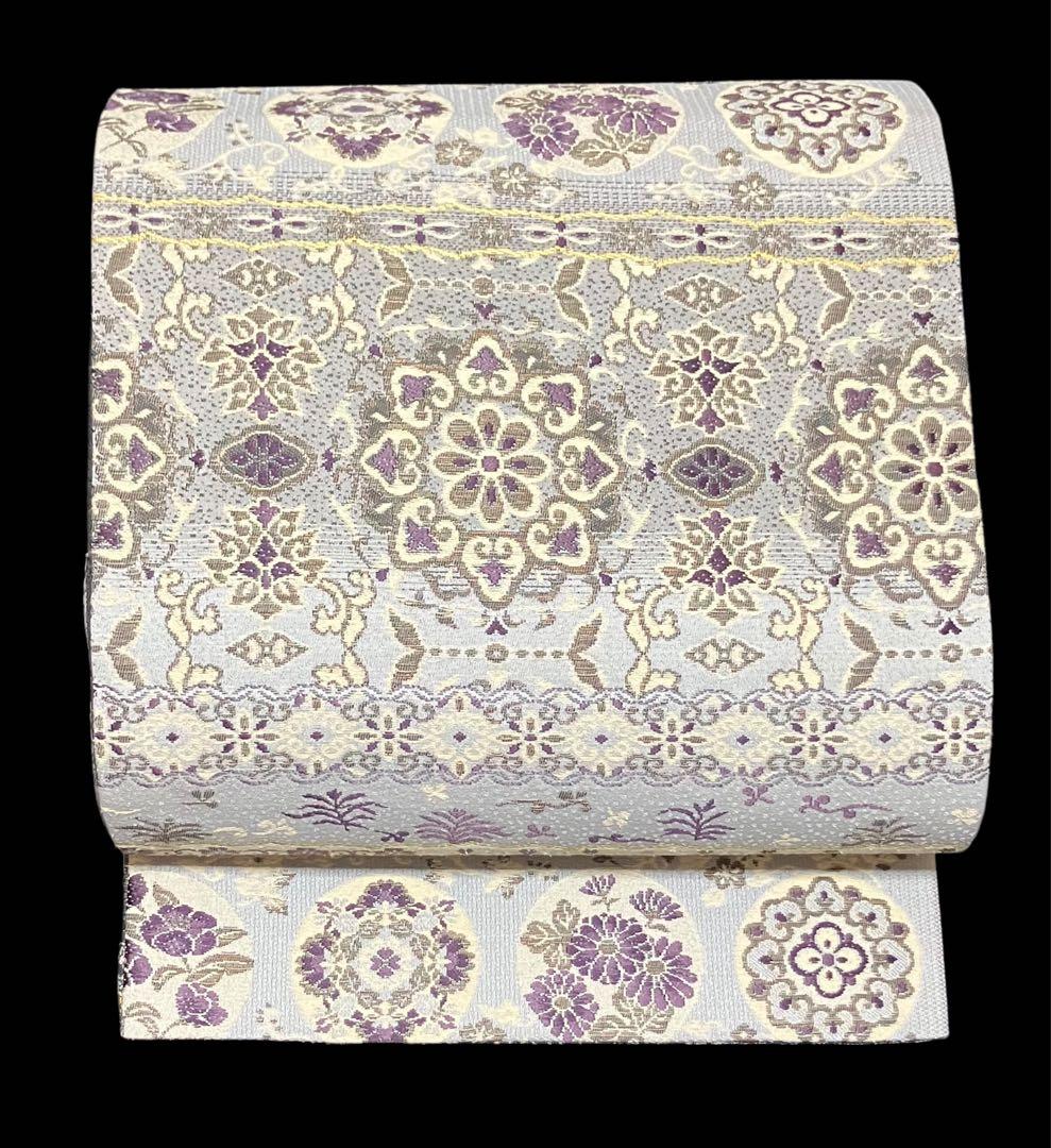 リバーシブル 袋帯 六通柄 正絹 欧風華文 縦縞 月 未使用 イ6179