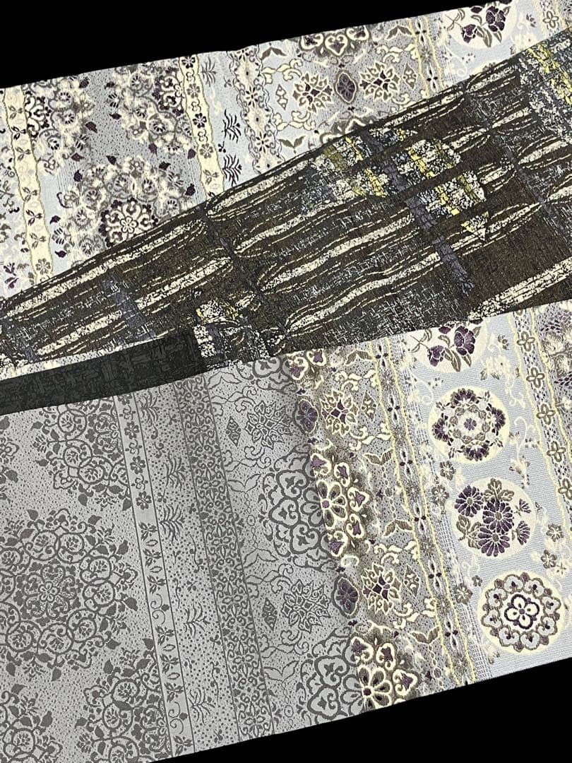 リバーシブル 袋帯 六通柄 正絹 欧風華文 縦縞 月 未使用 イ6179