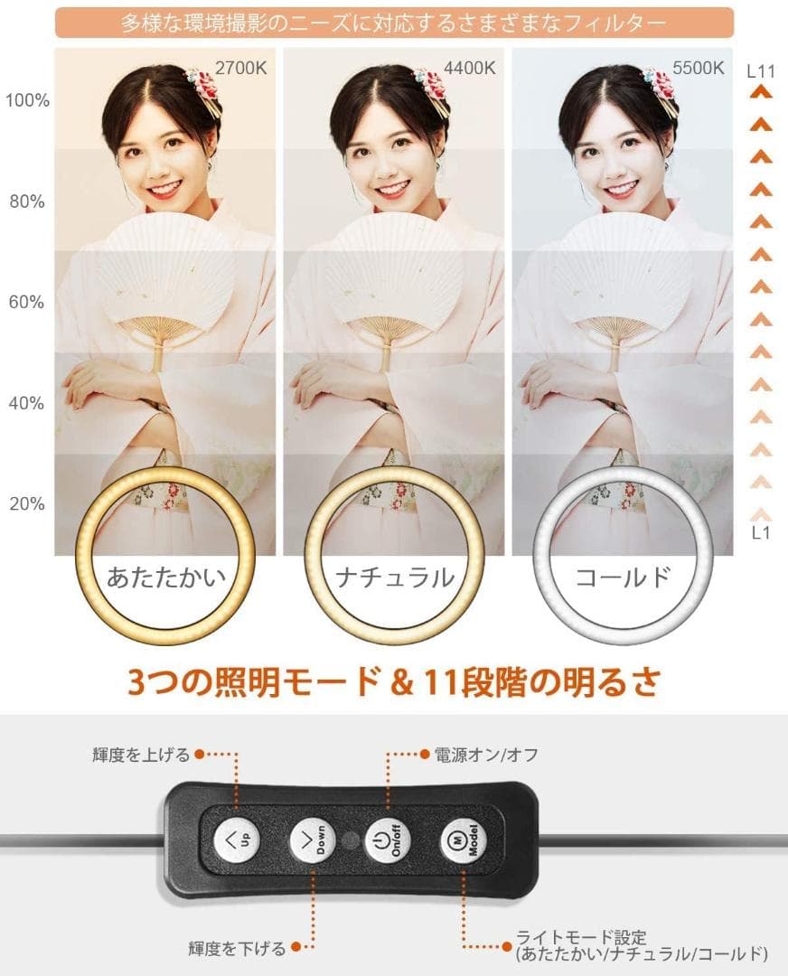 LEDリングライト 10.2インチ 撮影用定常光ライト 2700-5500K