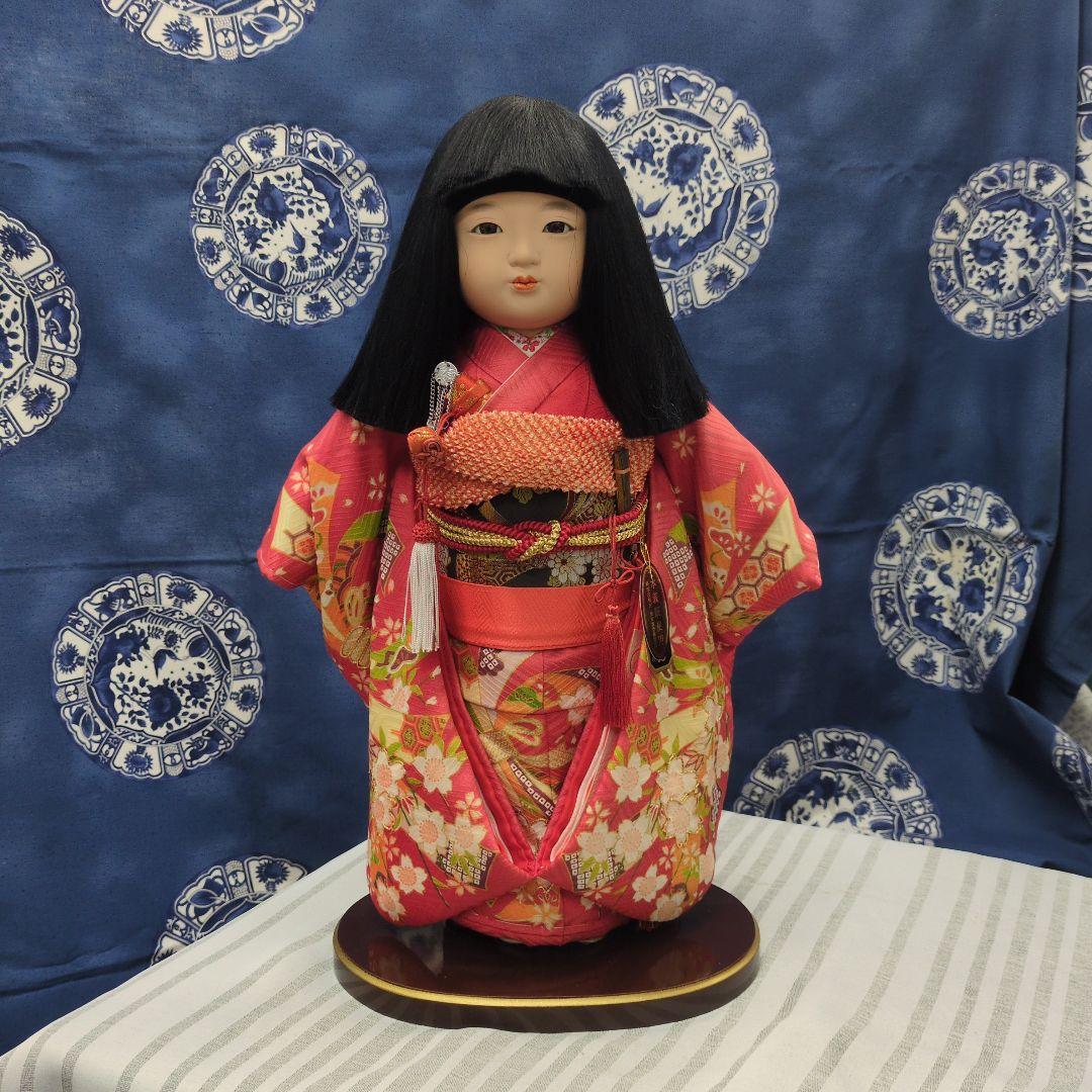 市松人形 赤色着物 ガラスケース入り
