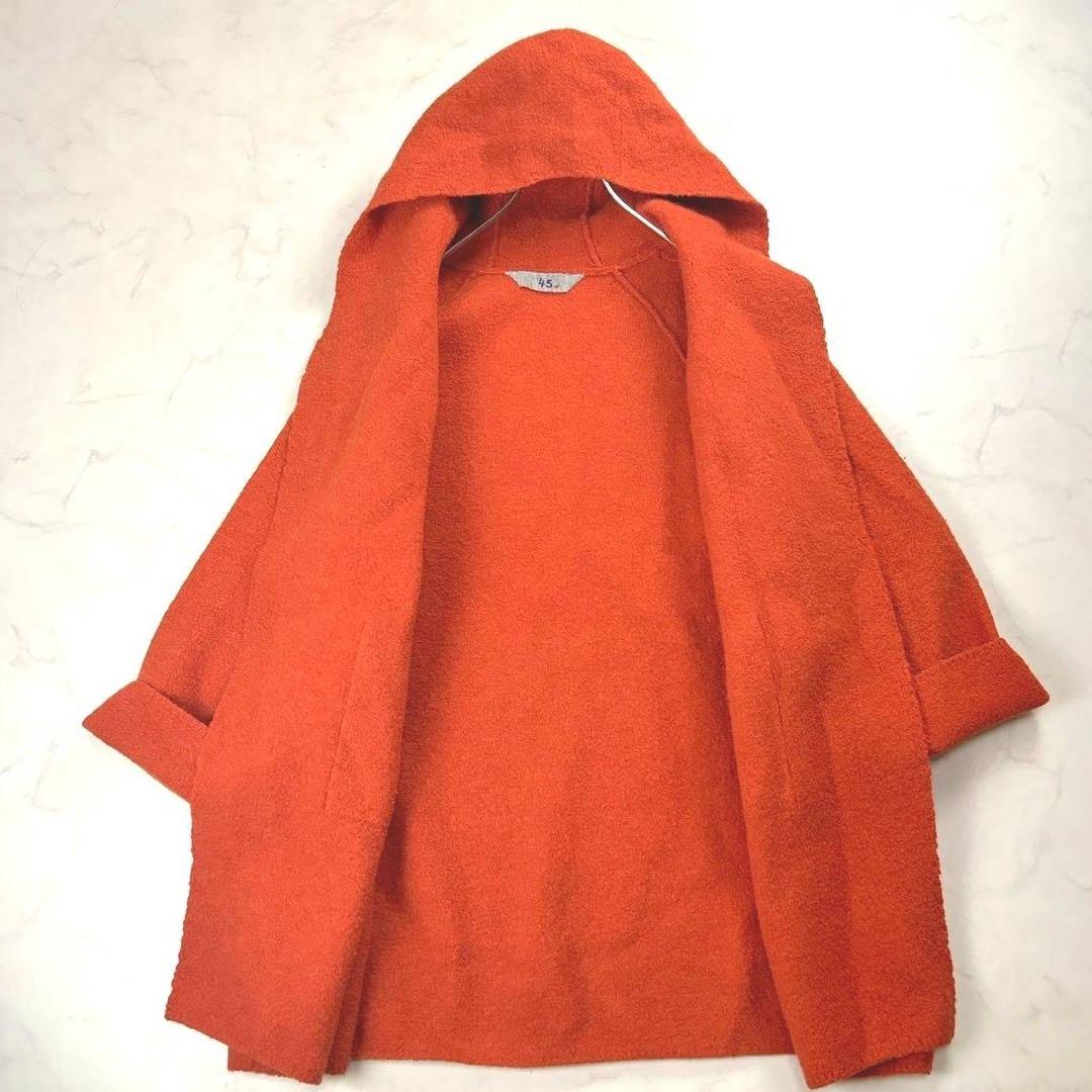 45R ウール縮絨フードコート ガウンコート オレンジ 軽量 ゆったり Lサイズ