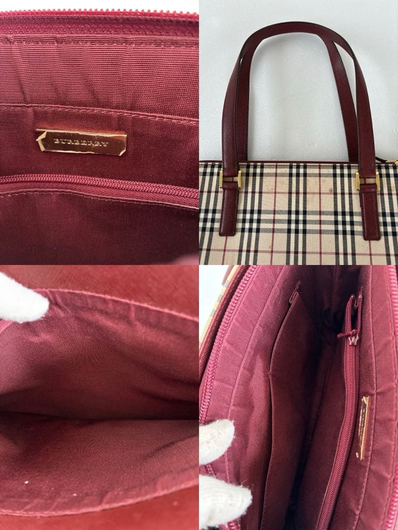 バーバリー　ノバチェック柄　トートバッグ ベージュ/バーガンディ　舟形