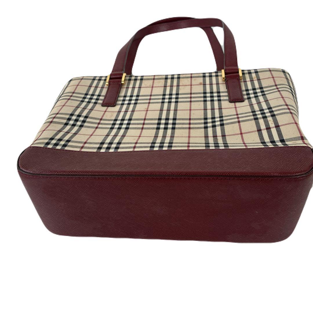 バーバリー　ノバチェック柄　トートバッグ ベージュ/バーガンディ　舟形