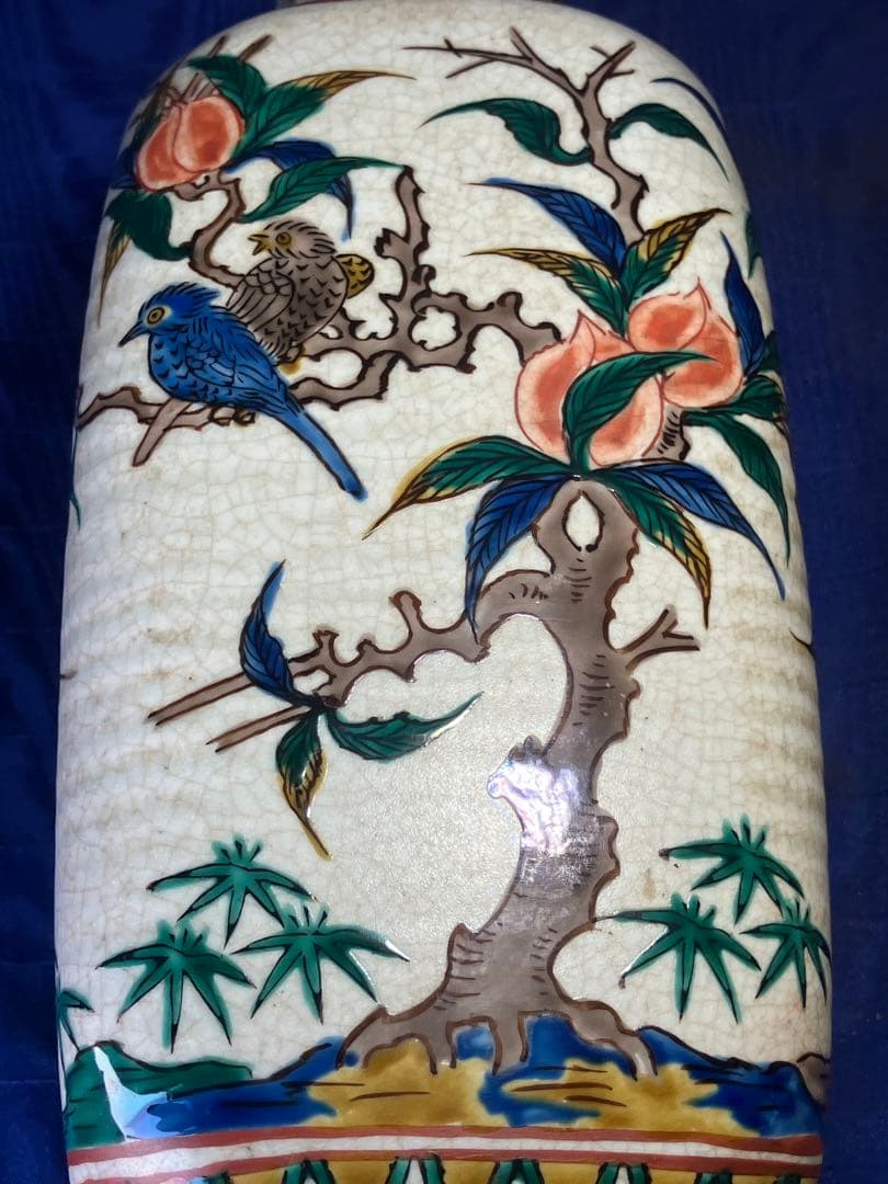 九谷焼　色絵花瓶　角福　花鳥図角型花瓶　銀修理品　レア　骨董品