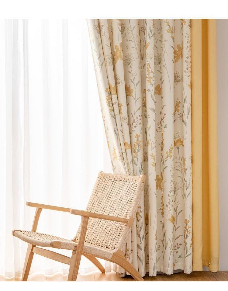 【新品】花柄水彩パステルイエローカーテン　2枚セット　200✕200CM