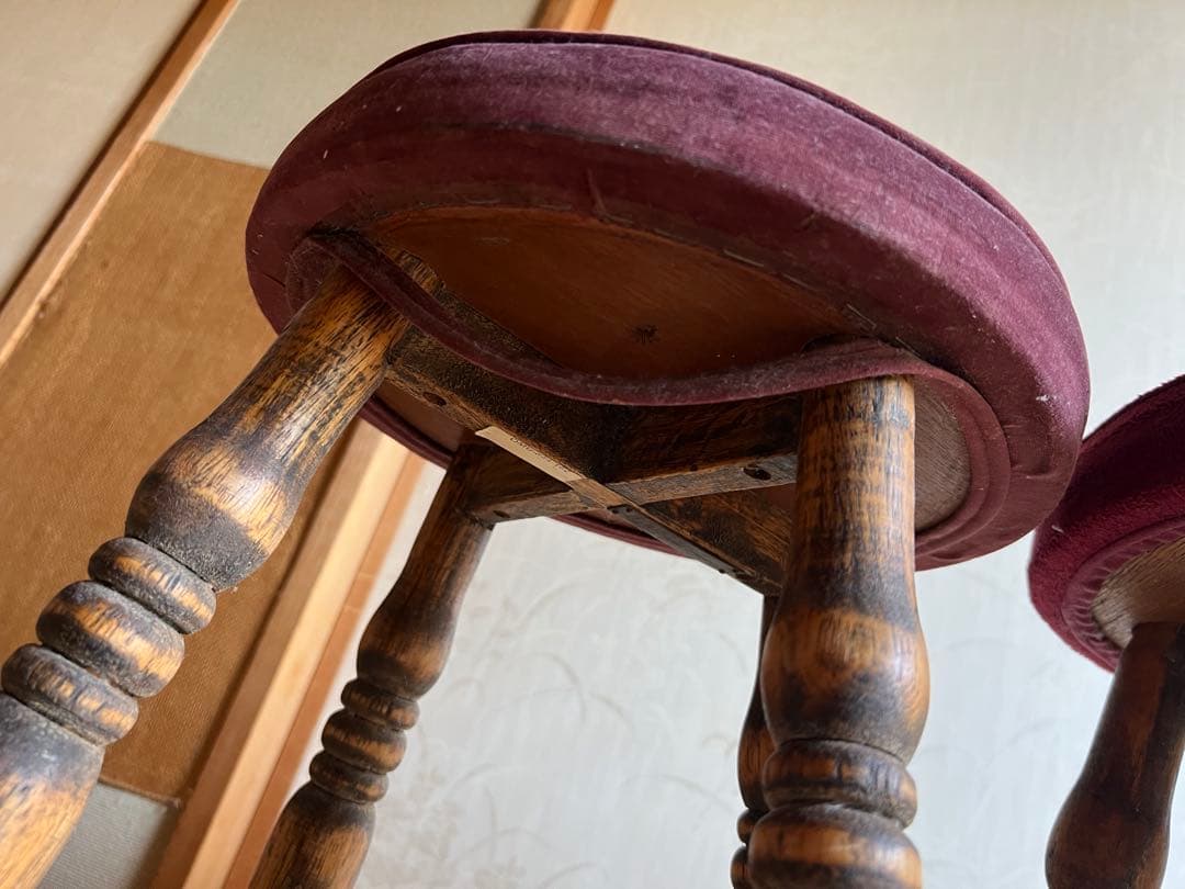 old maison アンティークチェア　スツール　丸椅子　木製＋布貼り　3脚