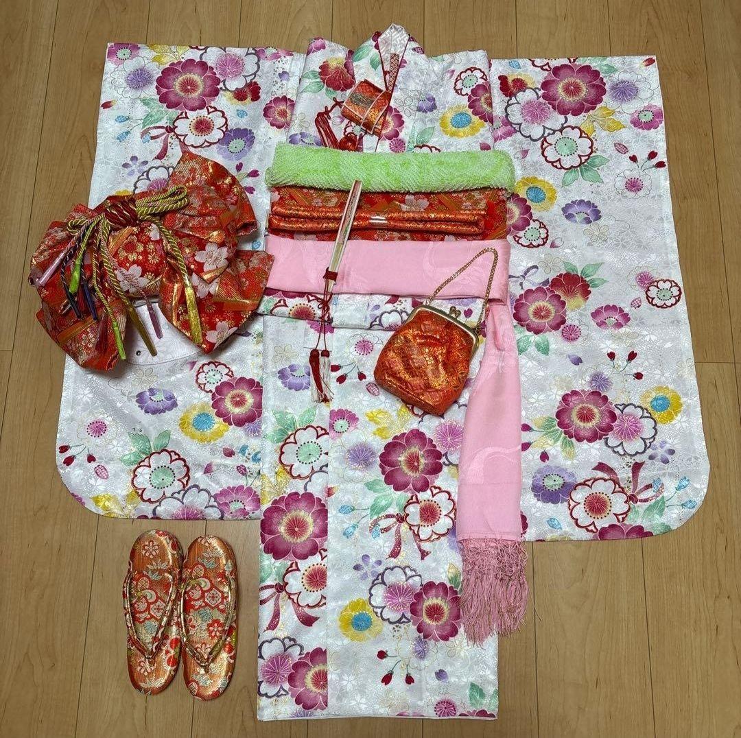 7歳 七五三着物セット　和装小物　結び帯　白着物　桜　七五三　着物