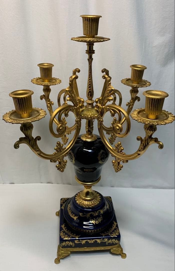 ヴィンテージ伊製コバルトブルー磁器5灯キャンドルスタンドロマンティック調美品豪華