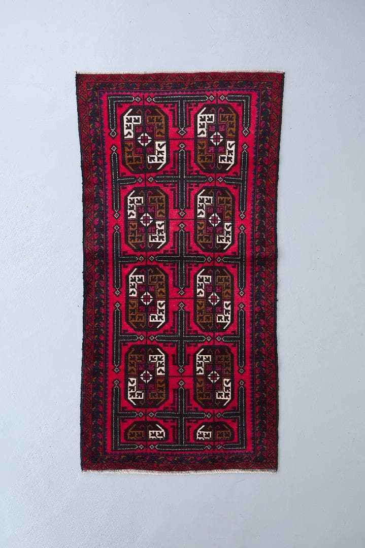 ヴィンテージラグ　トライバルラグ　バルーチ族(199×103cm)茶・赤・紺・黒