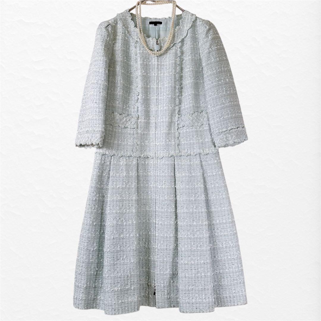 高級✨TO BE CHIC ノーカラー ツイードワンピース 水色 42 L〜XL