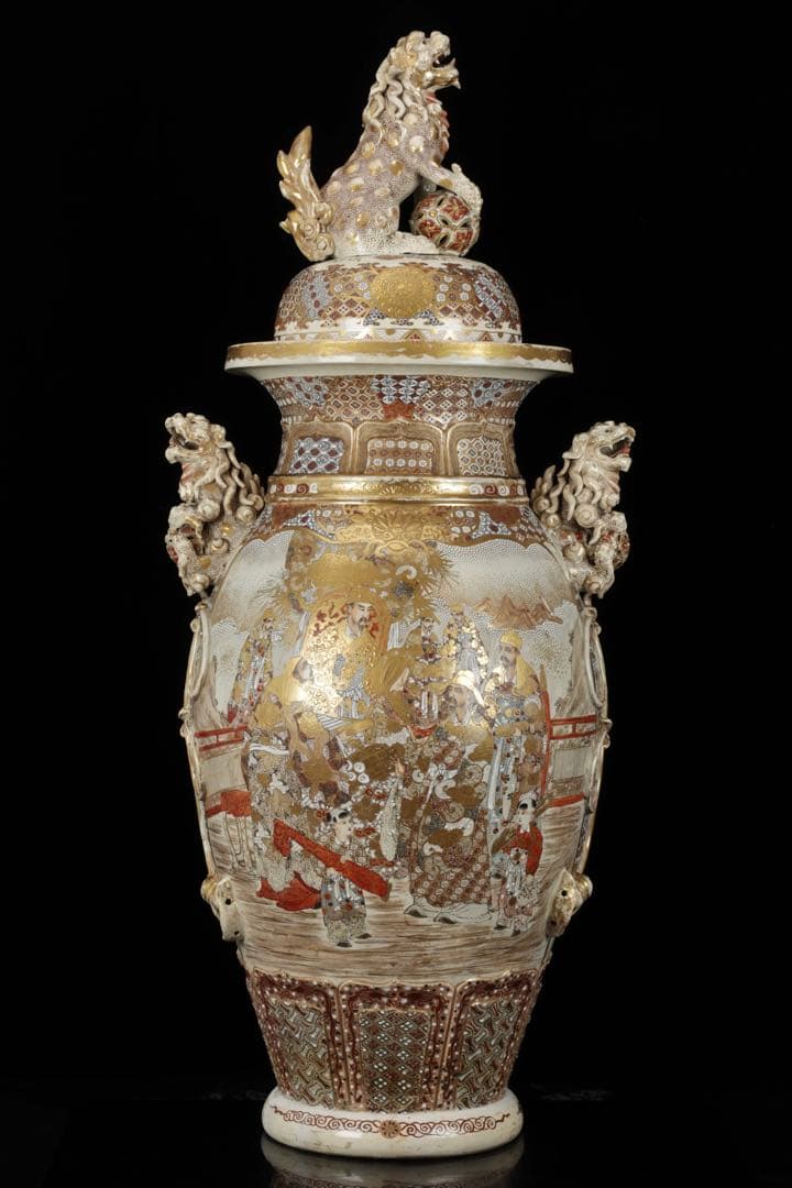 【極上薩摩焼】特大金襴手色絵 獅子 香炉 飾壺 陶器 骨董 古美術 アート 花瓶