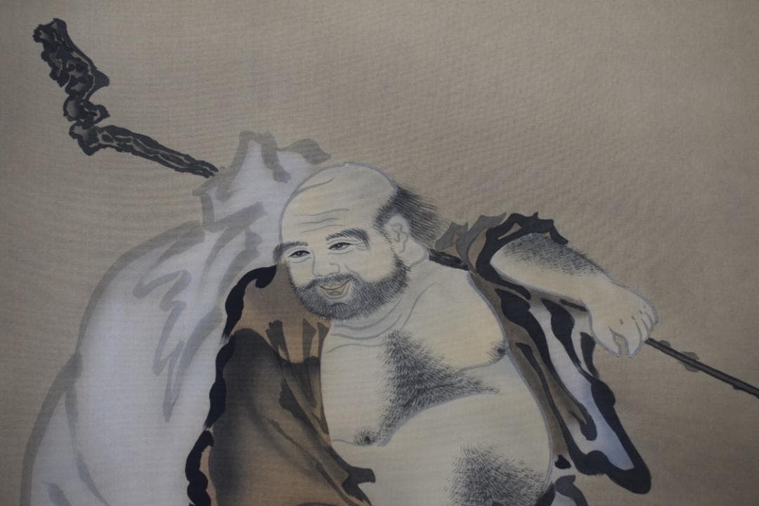 【真作】福田桂山/川渡布袋図/掛軸☆宝船☆Y-994　JM