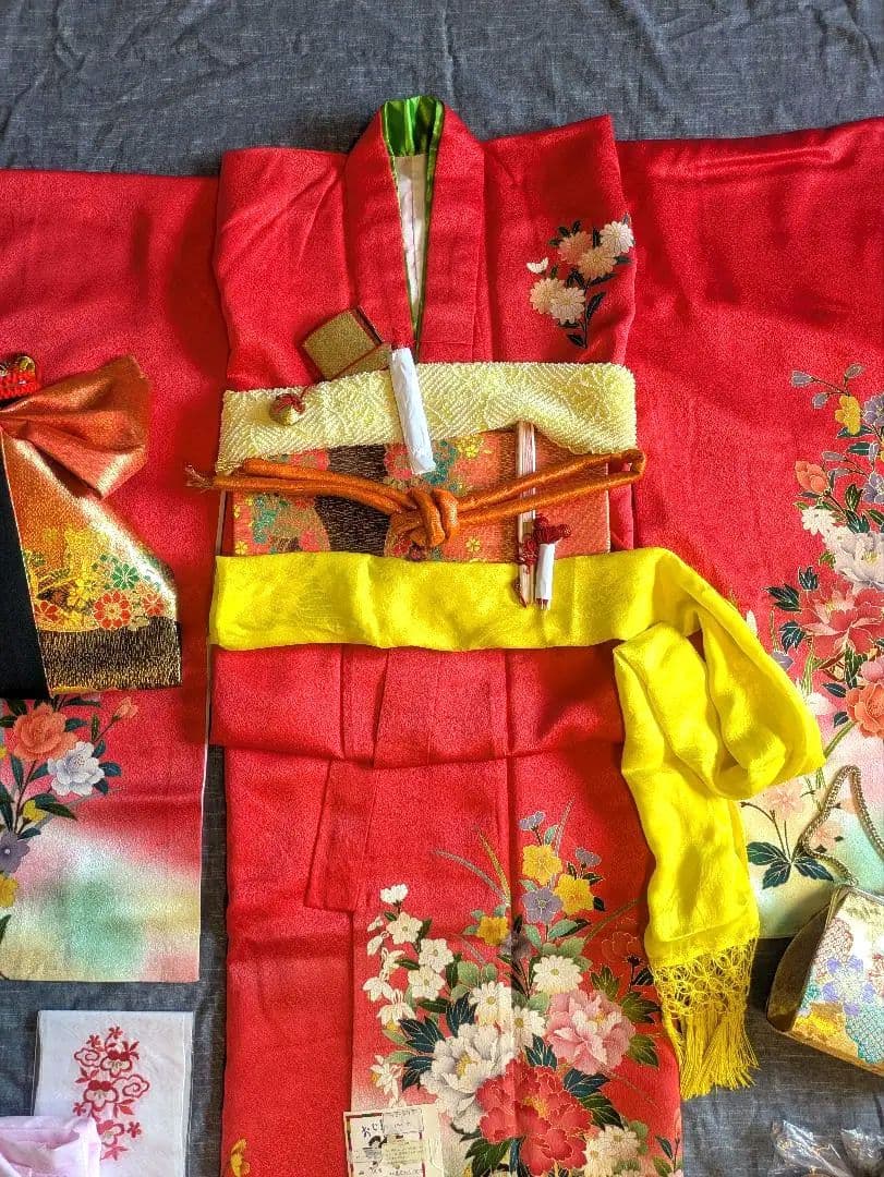 七五三　7歳　正絹　赤　着物　フルセット