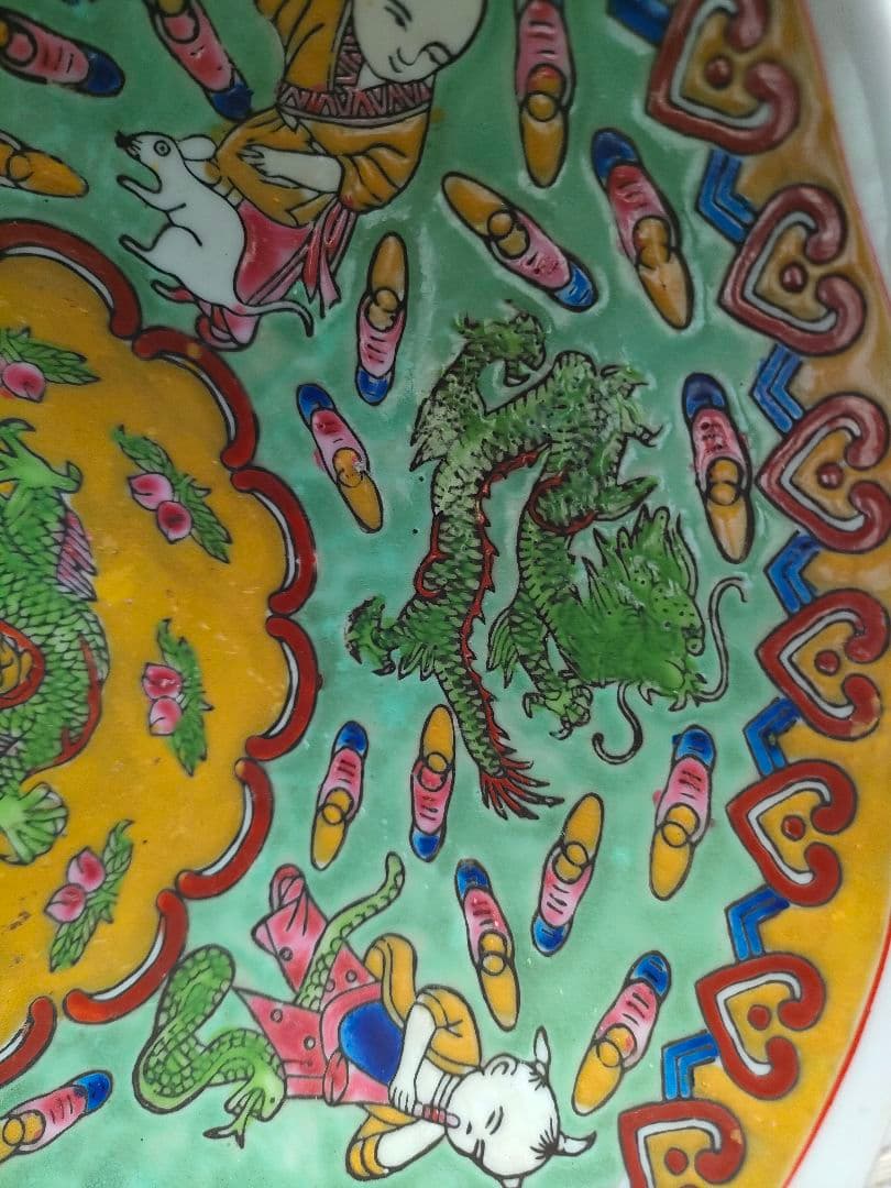 ●中国アンティーク 内側緑　小物入れ 彩色 磁器 骨董 骨董品 置物