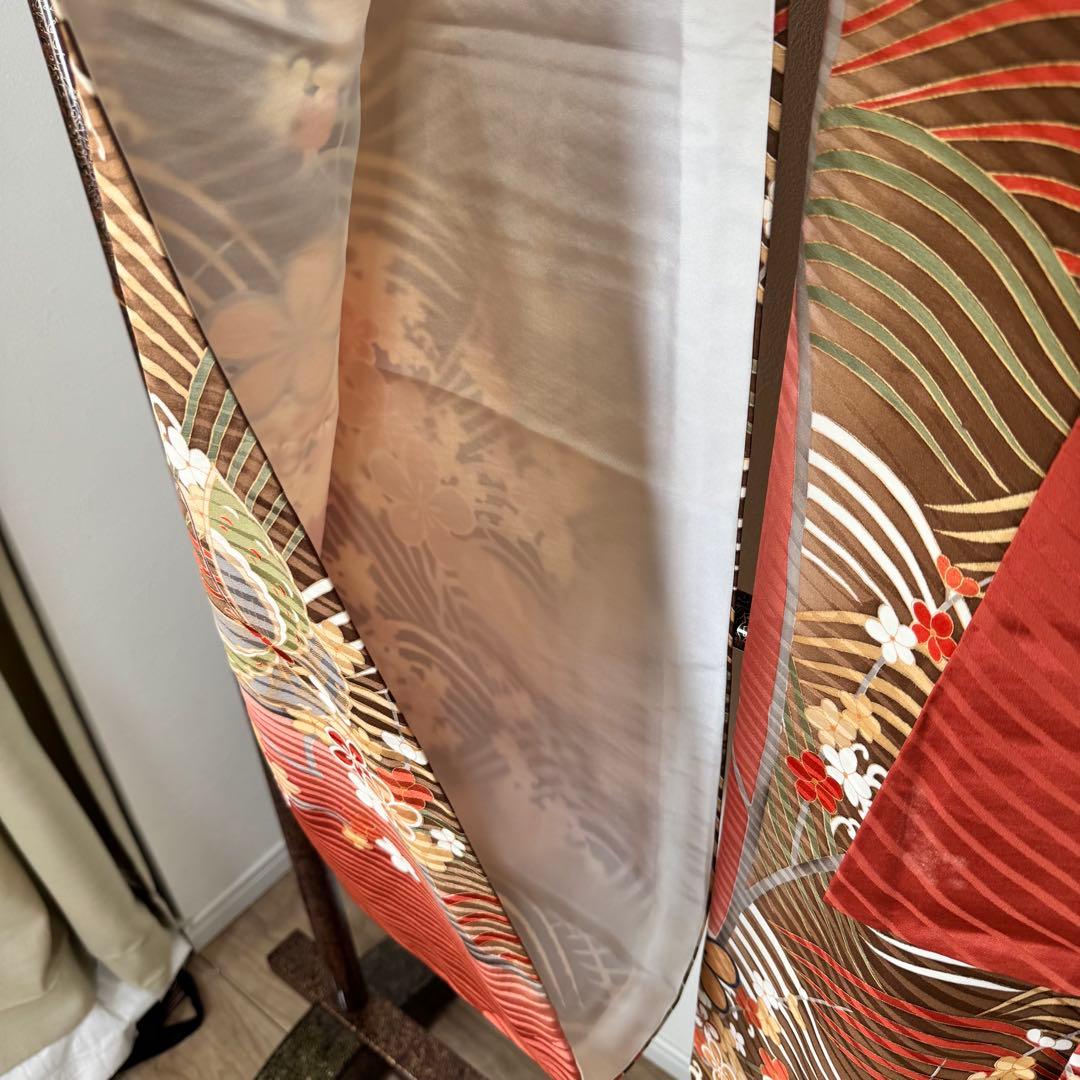 超美品　振袖　現代　振袖　成人式　着物　164裄66.5 茶色　ピンク　蝶々　梅