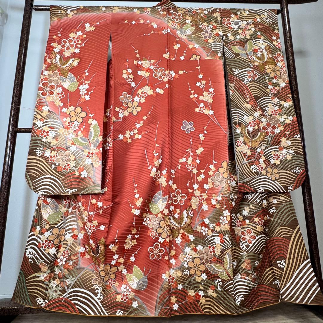 超美品　振袖　現代　振袖　成人式　着物　164裄66.5 茶色　ピンク　蝶々　梅