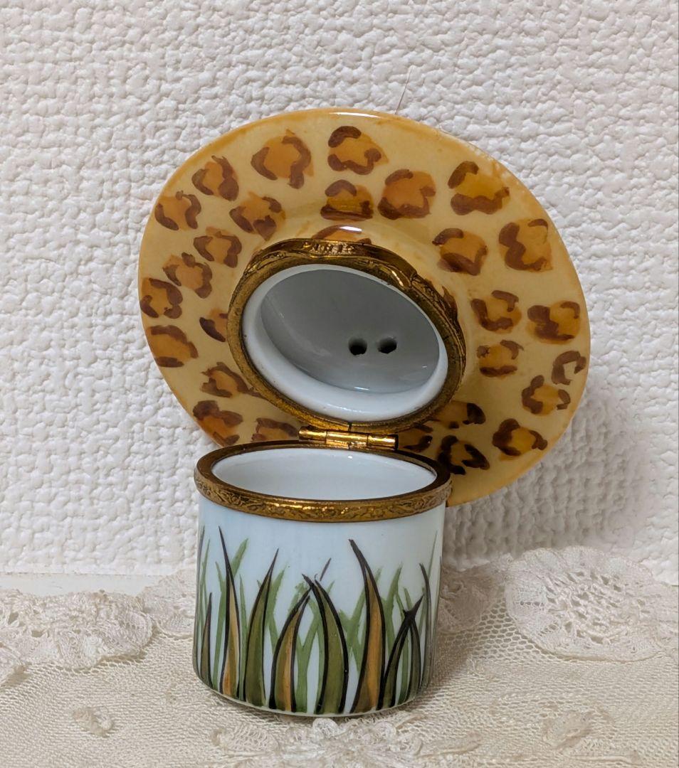 limoges ボックス 小物入れ 豹柄 帽子に羽根飾り ヴィンテージ 磁器