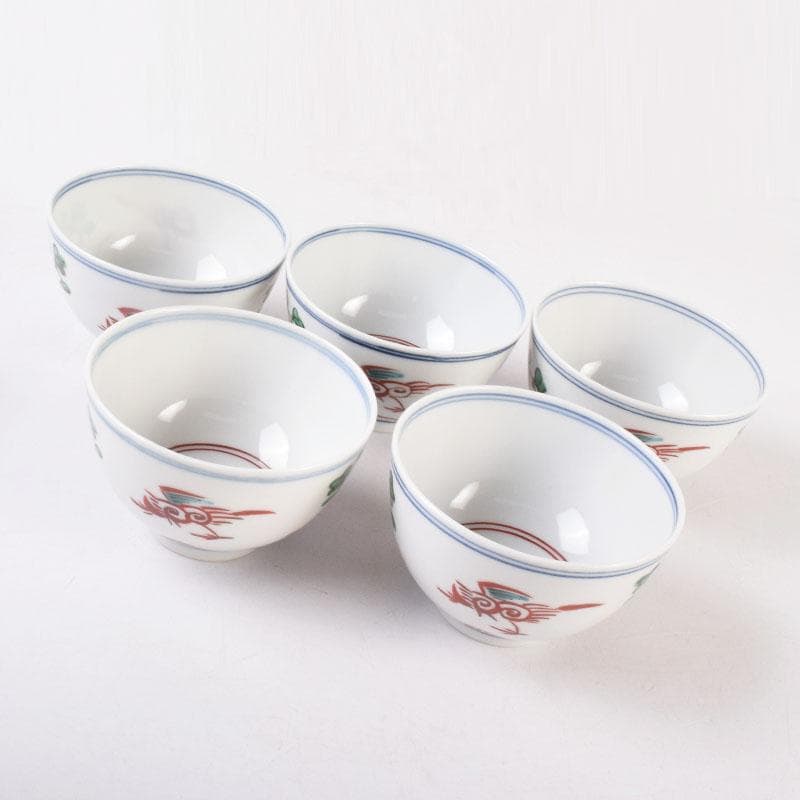 九谷焼　須田青華造　呉須赤絵写し　福字花文　煎茶碗　五客　共箱　M　R9018