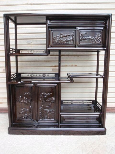 激安処分！新品 93巾 黒檀 無垢 高級飾り棚 違い棚 唐木茶棚 茶箪笥 検花梨