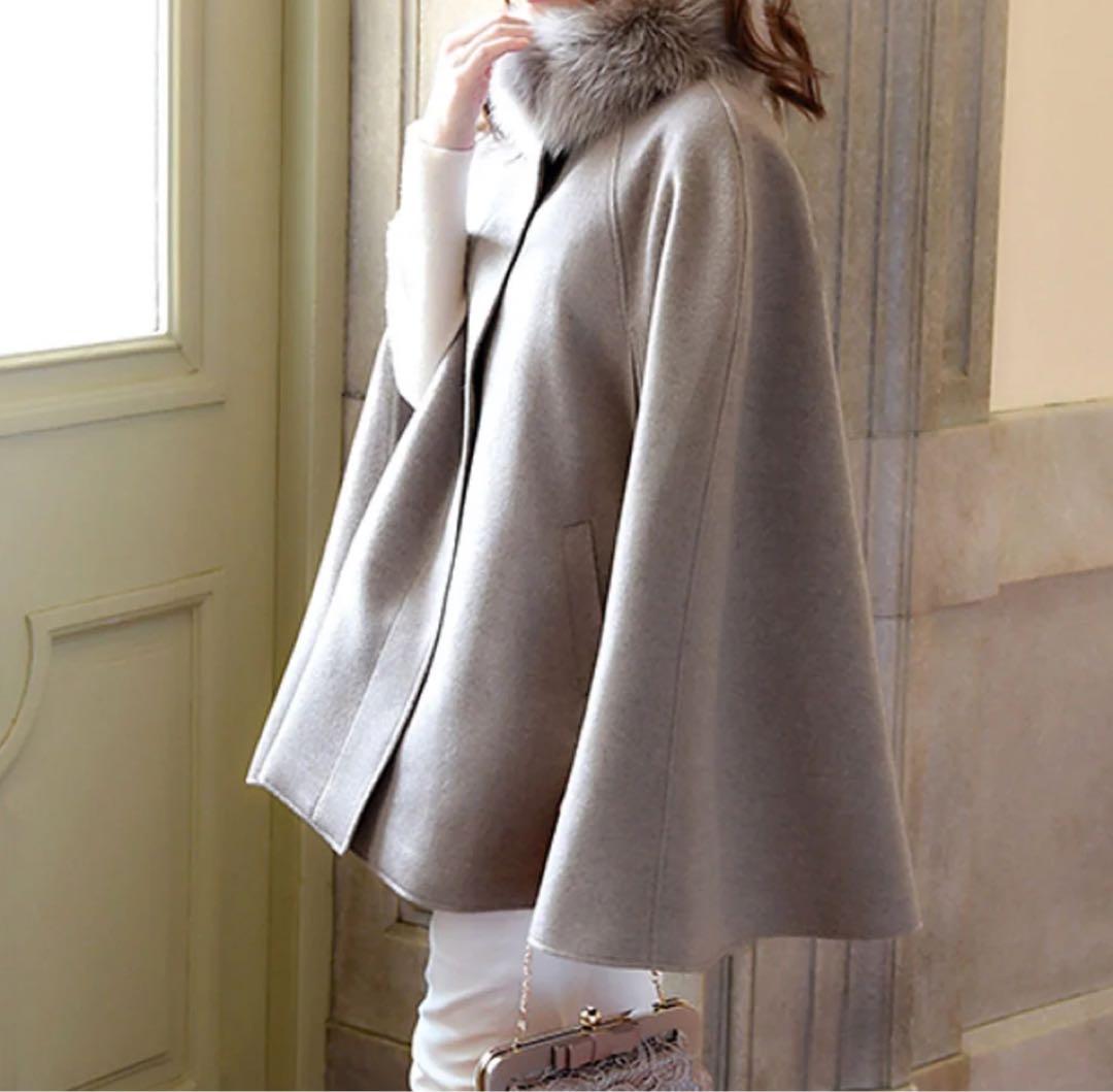 RUIRUE BOUTIQUEフォックスファー付ケープコートL〜LLベージュ