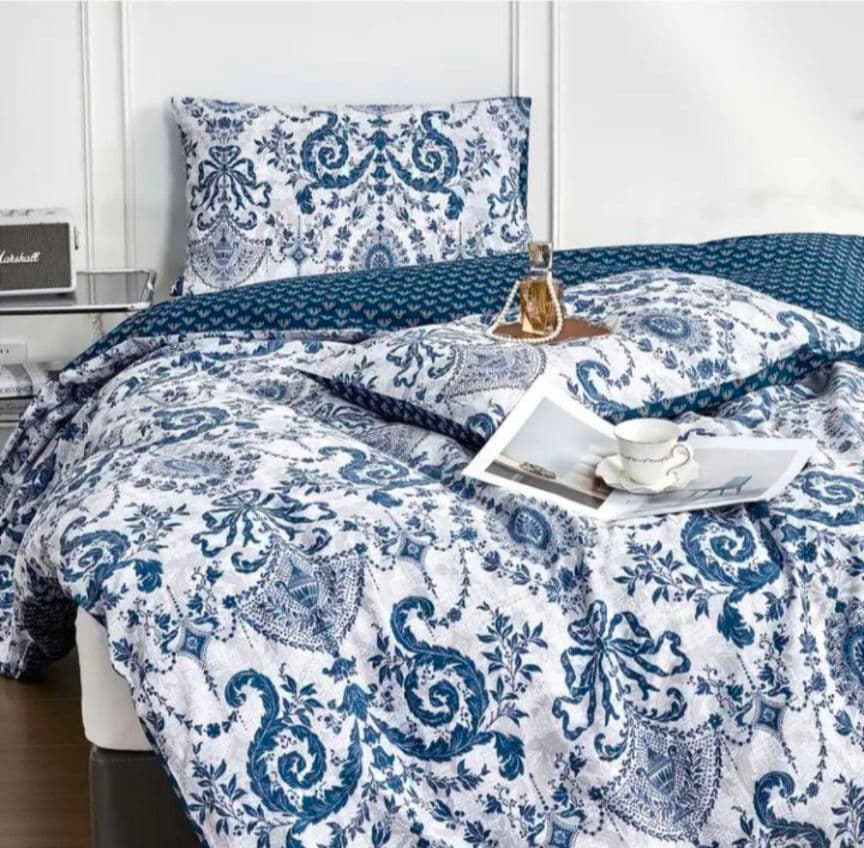 新品★最高級綿100%★ブルー＆ホワイト　レトロリボンシングルサイズ色落ちなし！