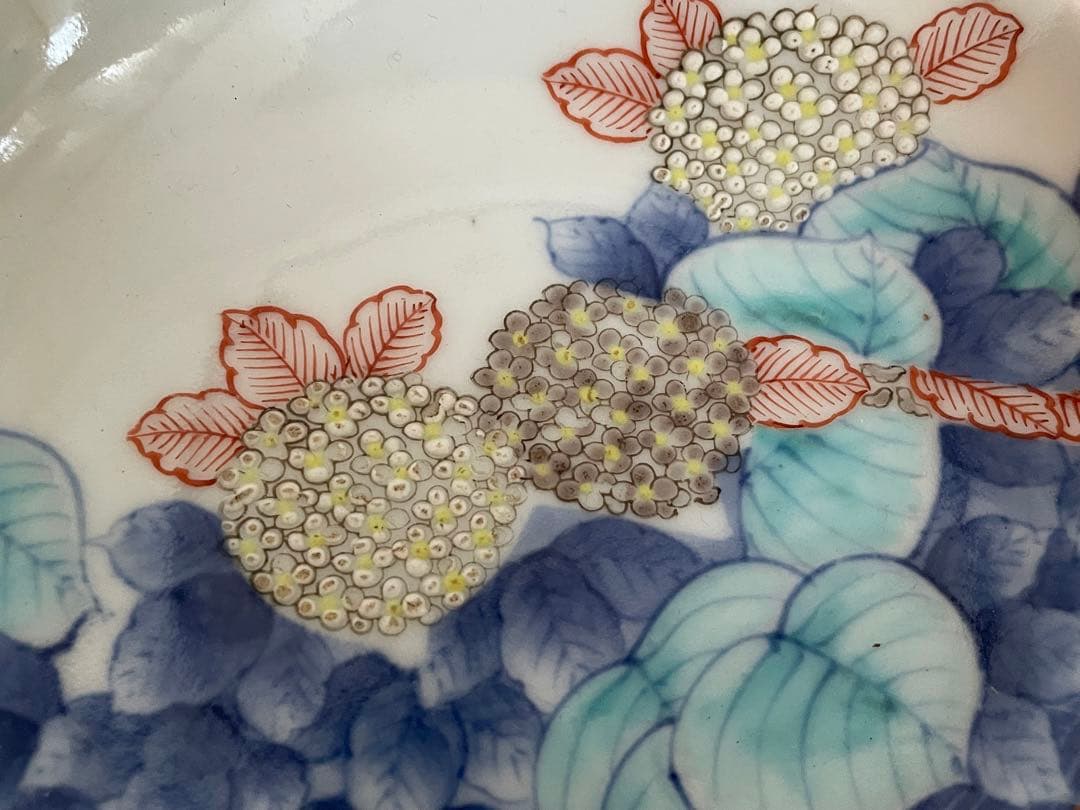 骨董　アンティーク　色絵紫陽花図　五寸皿　色鍋島　平戸　古平戸　ニュウあり