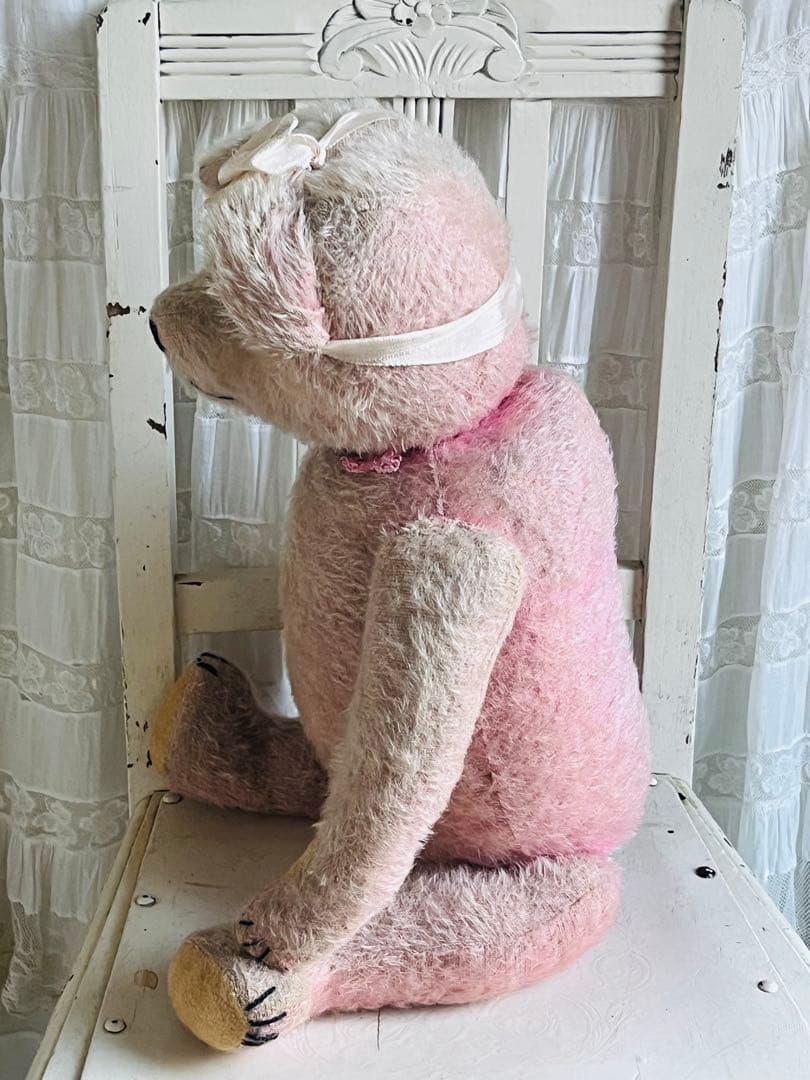 ドイツアンティークビンテージピンクテディベア ぬいぐるみベアビスクドールドレス