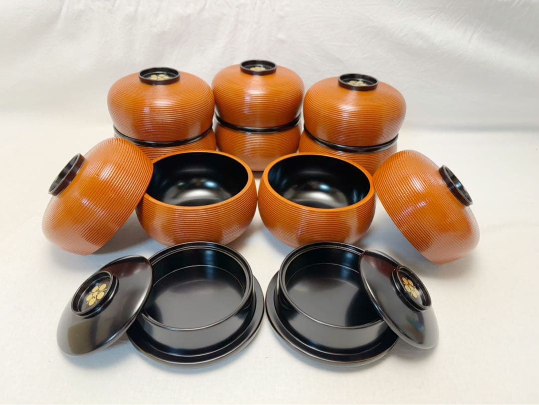 未使用 茶道具 木製 ひさご 弁当 千筋 梅蒔絵 内黒 5客揃え 懐石道具 紙箱