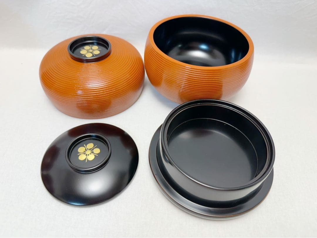 未使用 茶道具 木製 ひさご 弁当 千筋 梅蒔絵 内黒 5客揃え 懐石道具 紙箱