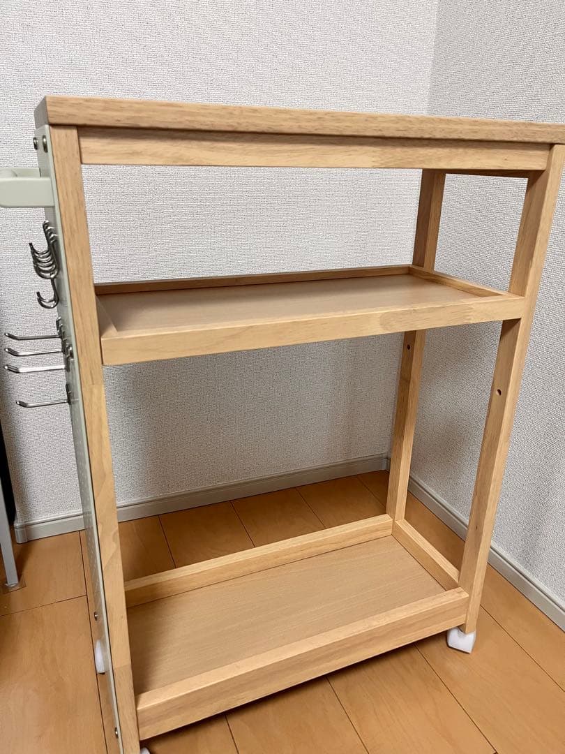 木製ワゴン　有効ボード付き　フック付きワゴン 2段　ミシンワゴン