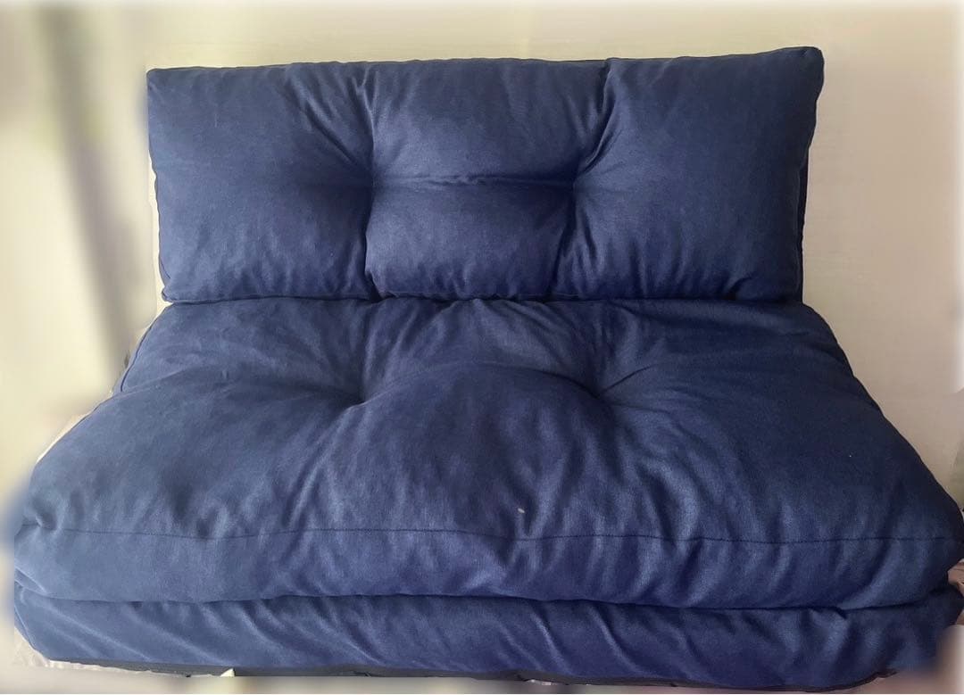 美品【2人掛け】折りたたみ ローソファベッド【ネイビー】