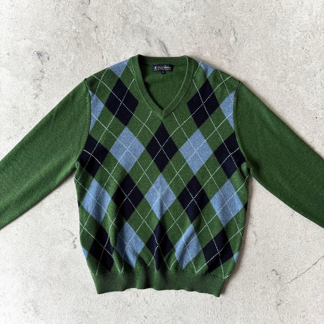 美品 ブルックスブラザーズ イタリアンラムウール Vネック アーガイルニット 緑
